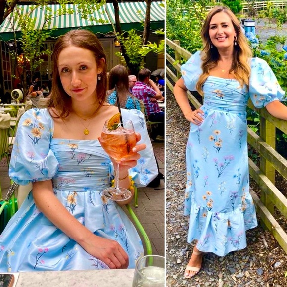 Self-Portrait Watercolour Puff Sleeve Taffeta Blue Floral Midi Maxi Dress 4 S - Picture 1 of 15